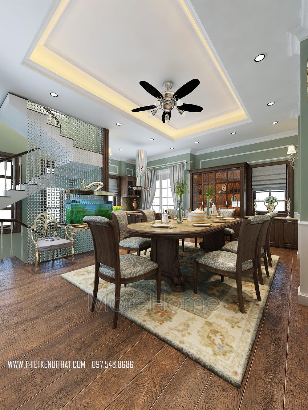 Thiết kế nội thất phòng khách biệt thự gỗ óc chó tân cổ điển