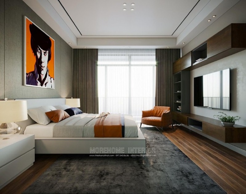 Thiết kế nội thất phòng ngủ hiện đại ấn tượng với điểm nhấn cam xen kẽ giữa 2 gam màu trắng, xám tương phản. thiết kế thi công nội thất biệt thự cao cấp