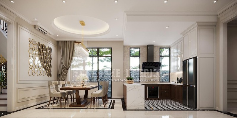 Thiết kế phòng ăn liền bếp với hệ cửa mở giúp không gian luôn được thông thoáng. thiết kế thi công nội thất cao cấp