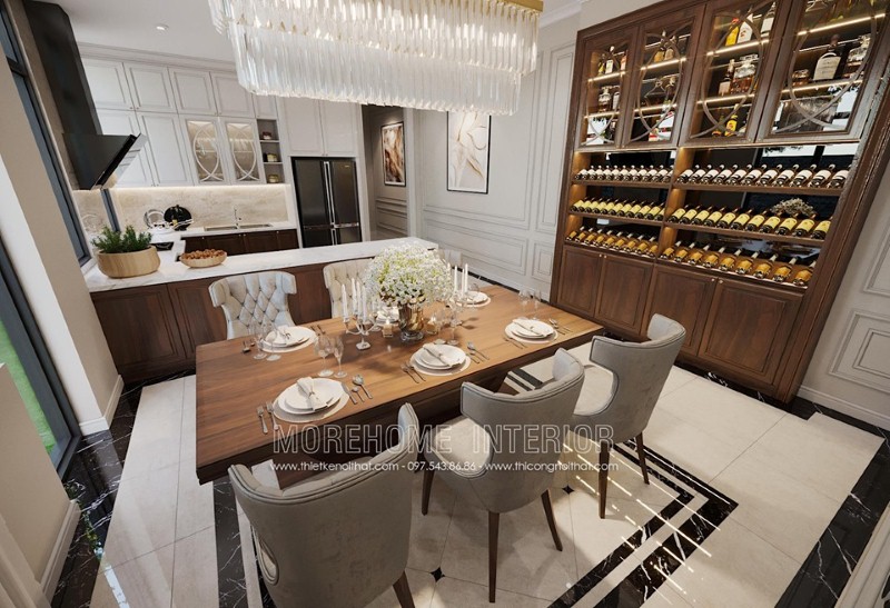 Chất liệu ghế bọc nhung cao cấp cùng kiểu dáng độc đáo tạo nên không gian đương đại đẳng cấp cho phòng ăn. thiết kế thi công nội thất cao cấp