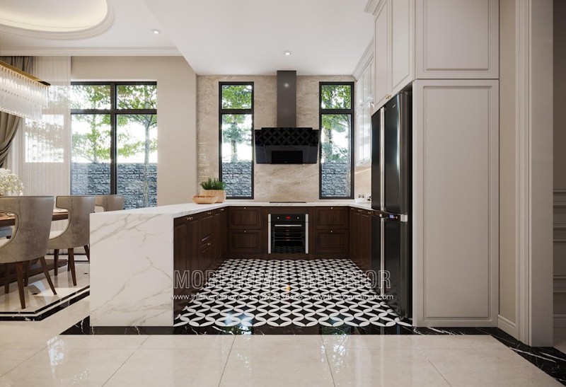 Tủ bếp gỗ tự nhiên đương đại sơn pu trắng cao cấp kết hợp hài hòa đường viền trang trí, tay nắm cổ điển. thiết kế thi công nội thất cao cấp