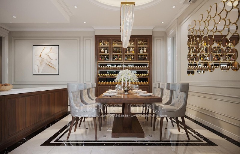 Gương ốp tường trang trí đẹp cho phòng ăn đương đại. thiết kế thi công nội thất cao cấp