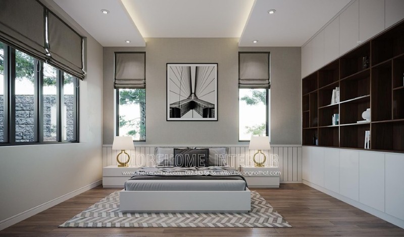 Giường ngủ gỗ An Cường sơn trắng hiện đại kết hợp cùng tấm ốp đầu giường kẻ sọc tạo nên vẻ đẹp độc đáo tinh tế cho phòng ngủ hiện đại. thiết kế thi công nội thất cao cấp