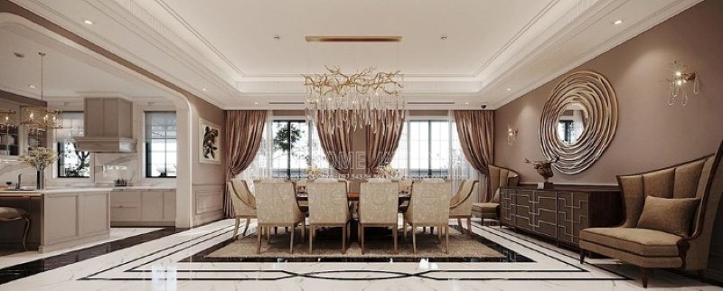 Bộ bộ bàn ăn 10 ghế đẹp, sang trọng tạo điểm nhấn sang trọng cho toàn bộ không gian. công ty thiết kế nội thất cao cấp