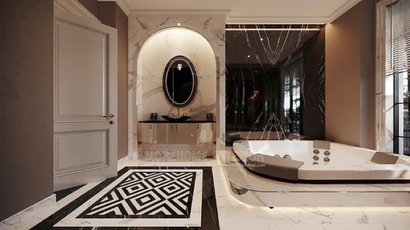 Đá ốp đẹp, sang trọng cho phòng tắm có bồn cao cấp. công ty thiết kế nội thất cao cấp