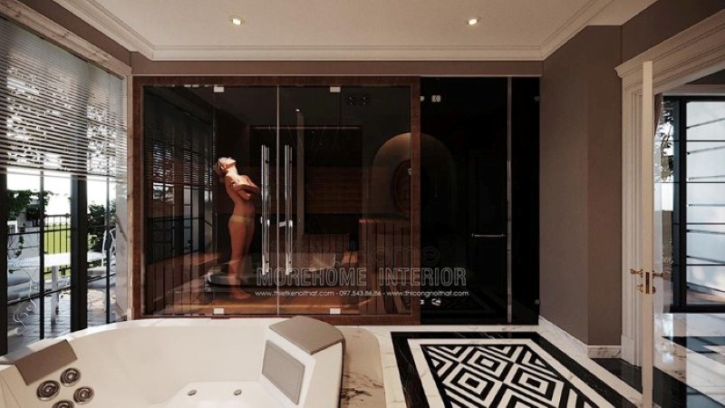 Vách tắm kính cửa mở quay ấn tượng với sắc đen sang trọng trong phòng tắm hiện đại, cao cấp. thiết kế thi công nội thất cao cấp