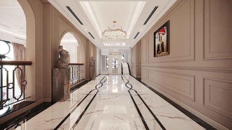 Ý tưởng thiết kế hành lang đẹp kết hợp độc đáo giữa đá lát nền, phào chỉ tường, đèn trang trí. thiết kế thi công nội thất biệt thự cao cấp