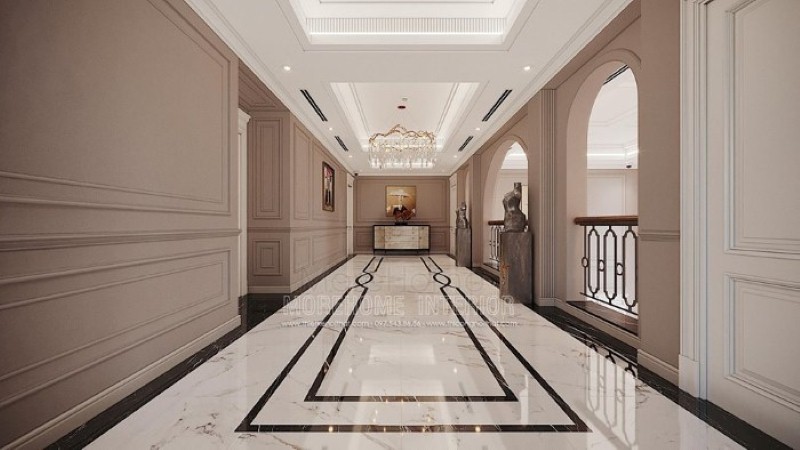 Đá lát sàn đẹp tạo góc nhìn ấn tượng cho không gian hành lang thông tầng. thiết kế thi công nội thất cao cấp