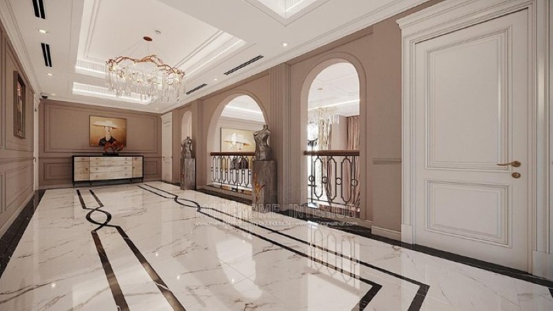 Thiết kế hành lang ấn tượng với chiếc bàn trang trí đẹp mắt cùng bức tranh canvas treo tường độc đáo. công ty thiết kế nội thất cao cấp