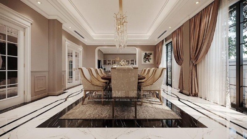 Thiết kế nội thất phòng ăn đẹp ấn tượng với đồ nội thất cao cấp và cách phối màu khéo léo tạo nên vẻ đẹp tinh tế cho toàn bộ không gian. thiết kế thi công nội thất cao cấp