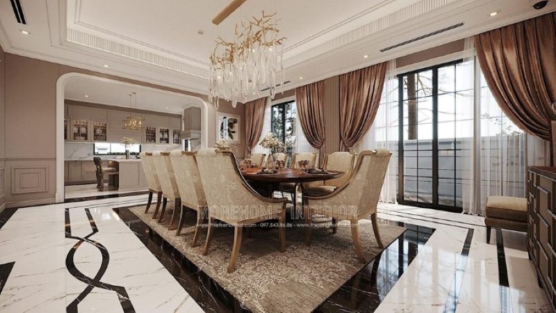 Thiết kế nội thất phòng ăn liền bếp phong cách đương đại đẹp, sang trọng. thiết kế thi công nội thất cao cấp