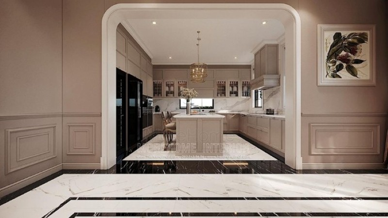 Trang trí nội thất phòng bếp chữ U phong cách đương đại đẹp, sang trọng tại biệt thự cao cấp Hải Phòng. công ty thiết kế nội thất cao cấp