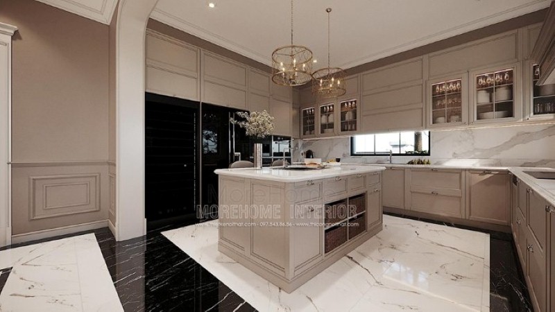 Tủ bếp chữ U gỗ tự nhiên cao cấp tạo vẻ đẹp sang trọng cho không gian nhà phố, biệt thự. thiết kế thi công nội thất biệt thự cao cấp