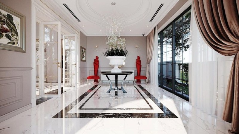 Bộ bàn ghế trang trí sảnh chờ đẹp, sang trọng độc đáo với sắc đỏ nổi bật. thiết kế thi công nội thất biệt thự cao cấp