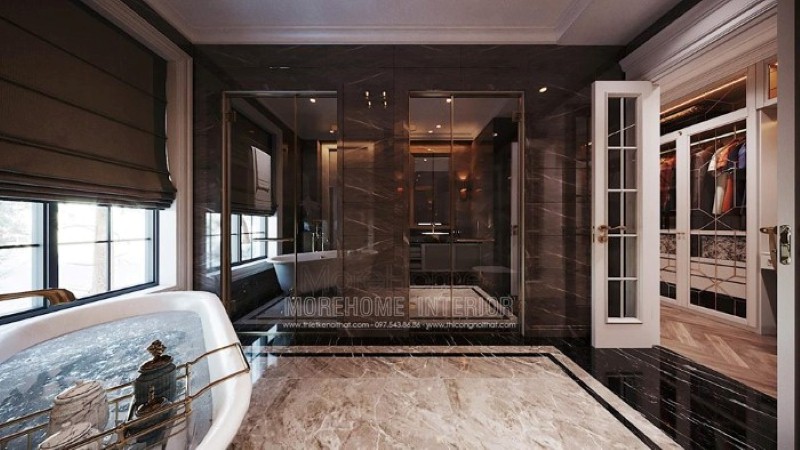 Sắp xếp nội thất phòng tắm có bồn đẹp, sang trọng. thiết kế thi công nội thất cao cấp