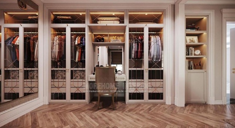 Tủ quần áo nhiều ngăn nhưng lại giúp bạn lựa đồ một cách nhanh chóng từ cánh tủ kính cường lực đẹp sang trọng. thiết kế thi công nội thất cao cấp