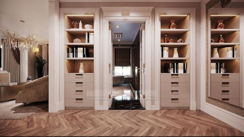 Sắp xếp nội thất phòng ngủ master có tủ, kệ đựng đồ đẹp, độc đáo với nhiều ngăn đựng và ô đựng hở. công ty thiết kế nội thất cao cấp