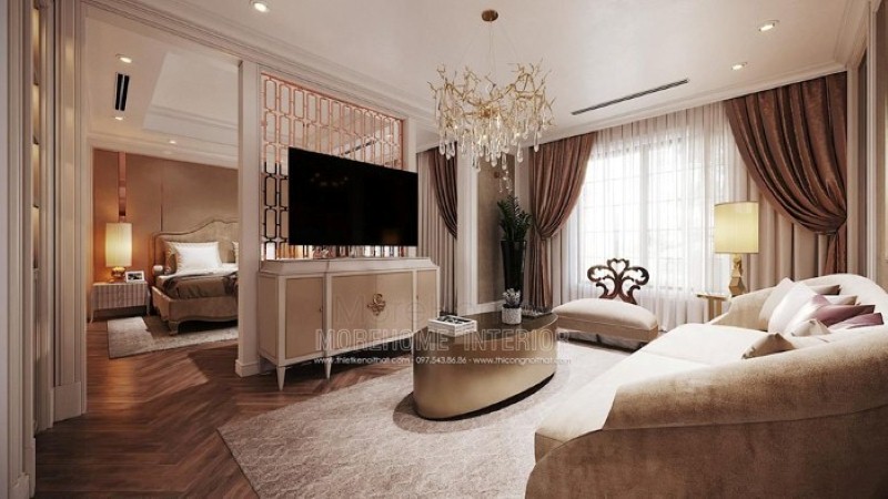 Kệ tivi đẹp với thiết kế nhẹ nhàng, thanh lịch tạo góc nhìn ấn tượng cho phòng ngủ master cao cấp. thiết kế thi công nội thất biệt thự cao cấp