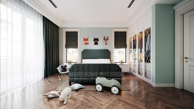 Giường ngủ cho bé trai đẹp với thiết kế bọc nệm độc đáo cùng sắc xanh ấn tượng tạo điểm nhấn nổi bật cho toàn bộ không gian. thiết kế thi công nội thất cao cấp