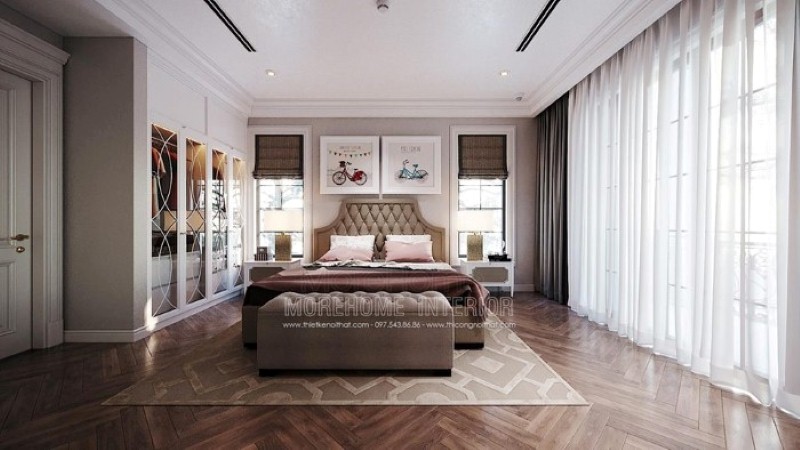 Giường ngủ bọc nệm với kiểu dáng vát góc cùng cách trang trí các nút tạo vừa tạo điểm nhấn ấn tượng vừa tạo cảm giác êm ái cho phòng con. thiết kế thi công nội thất cao cấp