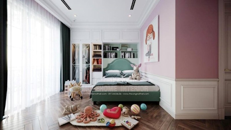 Tủ quần áo liền kệ để đồ đẹp, sang trọng co phòng bé gái. thiết kế thi công nội thất biệt thự cao cấp