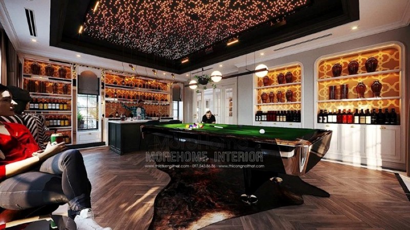 Bố trí nội thất phòng giải trí ấn tượng với không gian bi-a được lồng trong hầm rượu siêu sang tại biệt thự Hải Phòng cao cấp. thiết kế thi công nội thất cao cấp