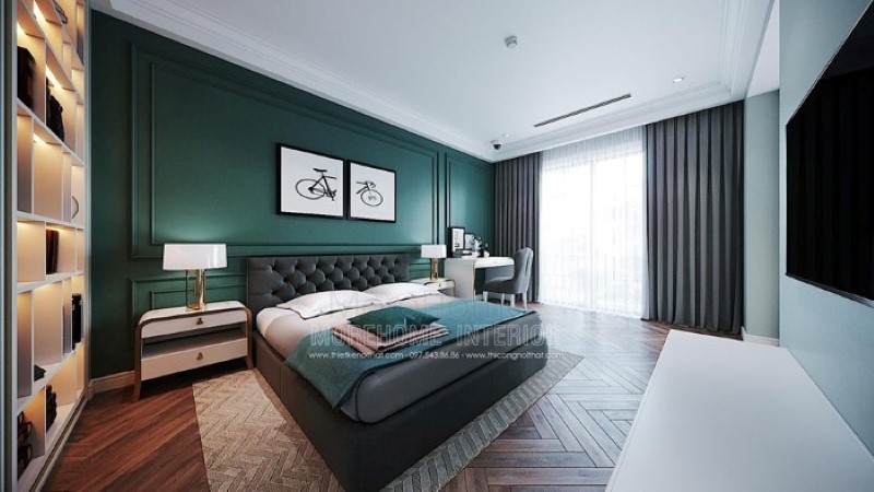 Giường bọc nệm đẹp ấn tượng với kiểu dáng vuông vắn kết hợp các nút nệm đầu giường tạo cảm giác êm ái, sang trọng cho phòng ngủ đương đại. thiết kế thi công nội thất cao cấp