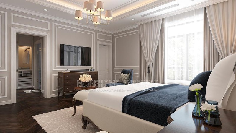 Bố trí nội thất phòng ngủ vợ chồng tân cổ điển sử dụng gam màu trắng chủ đạo sẽ là lựa chọn ấn tượng cho chủ nhà mệnh Kim. thiết kế thi công nội thất cao cấp