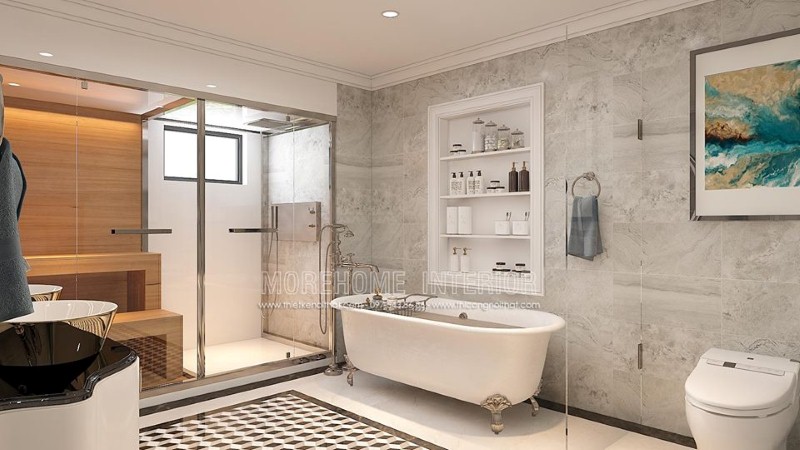 Sắp xếp nội thất phòng tắm cao cấp có bồn đẹp, sang trọng. thiết kế thi công nội thất cao cấp