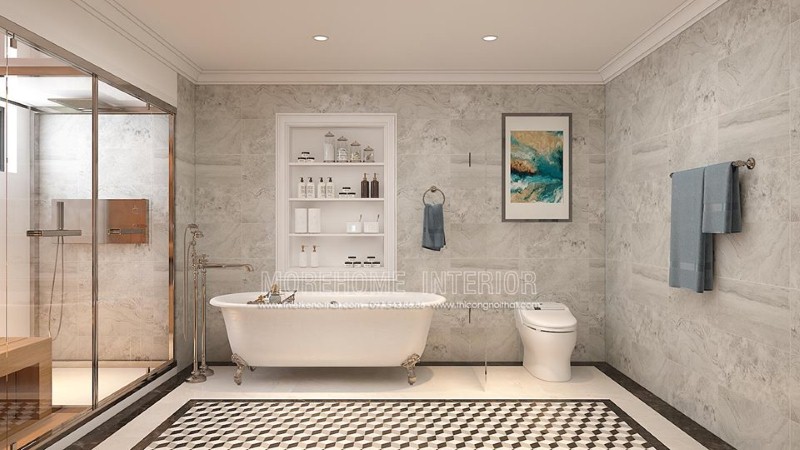 Bồn tắm độc lập Vitoria Hafele cao cấp kết hợp cùng cách thiết kế khoa học, thẩm mỹ từ đá ốp tường, gạch lát nền giả cổ, vách tắm kính đã tạo nên không gian phòng tắm đẹp, sang trọng, độc đáo. công ty thiết kế nội thất cao cấp