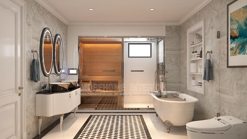 Sắp xếp nội thất phòng tắm tân cổ điển đẹp, sang trọng có phòng xông hơi, bồn tắm gia đình cao cấp. công ty thiết kế nội thất cao cấp
