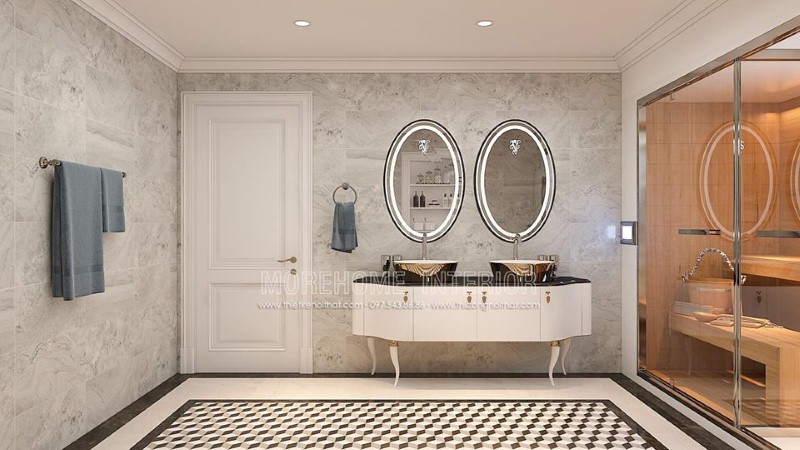 Gương soi trang trí phòng tắm hình elip có đèn led cao cấp tạo điểm nhấn đẹp, sang trọng cho phòng tắm. thiết kế thi công nội thất cao cấp