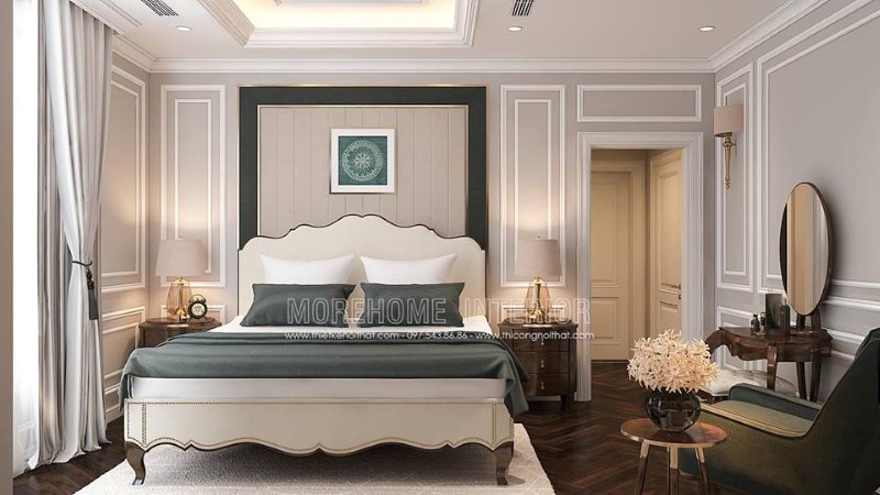 Giường ngủ master độc đáo với đường nét tân cổ điển từ gỗ óc chó kết hợp cùng tone trắng nhẹ nhàng đã tạo nên không gian phòng ngủ sang trọng, thanh lịch. thiết kế thi công nội thất biệt thự cao cấp
