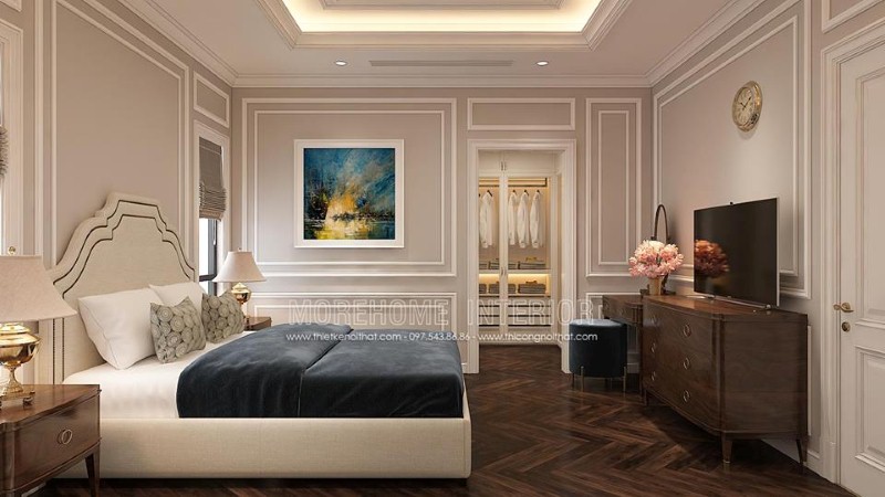 Trang trí nội thất phòng ngủ tân cổ điển có tủ quần áo khoa học, phong thủy. thiết kế thi công nội thất cao cấp