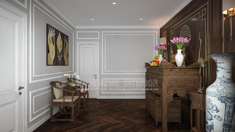 Thiết kế nội thất phòng thờ đẹp, trang trọng hợp phong thủy từ nội thất gỗ óc chó cao cấp. thiết kế thi công nội thất cao cấp
