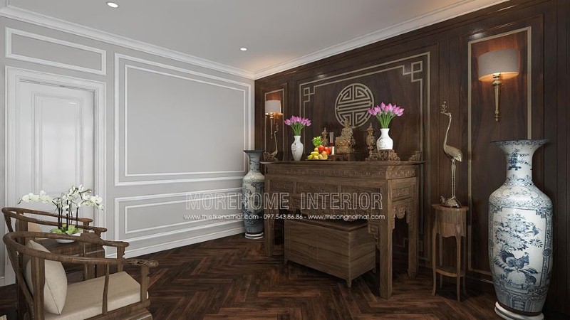 Bố trí phòng thờ gỗ óc chó đẹp cho nhà chung cư cao cấp, nhà phố, biệt thự. thiết kế thi công nội thất cao cấp