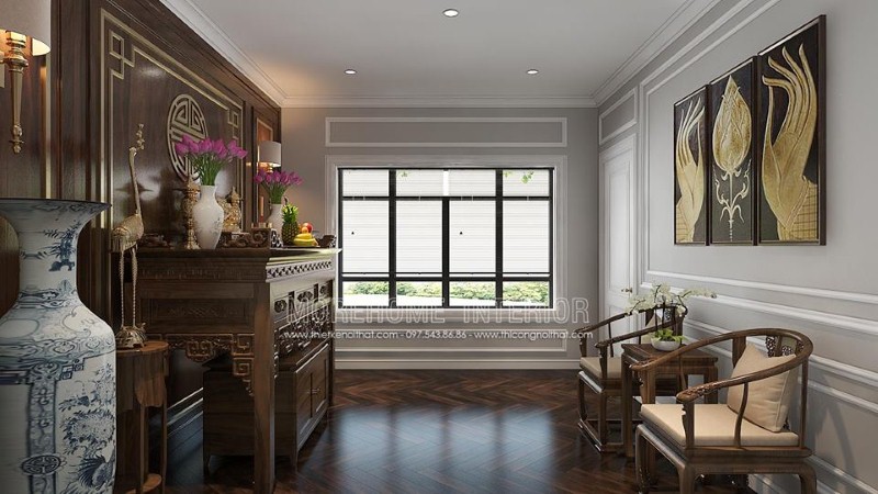 Trang trí nội thất gỗ cao cấp cùng cách phối màu, trang trí tạo nên vẻ đẹp trang nghiệm, sang trọng cho phòng thờ. thiết kế thi công nội thất cao cấp