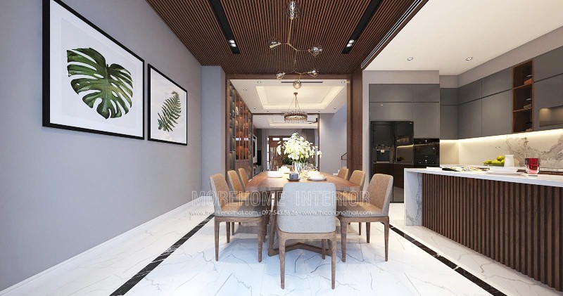 Sắp xếp nội thất phòng ăn liền bếp hiện đại đẹp sang trọng cho nhà phố, biệt thự tại Vinh, Nghệ An. thiết kế thi công nội thất cao cấp