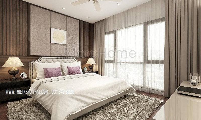 Phòng ngủ vợ chồng hiện đại, đẹp, sang trọng, thông thoáng với hệ cửa kính lớn luôn đón nắng nhưng cũng giúp ngăn nóng kịp thời với rèm 2 lớp. thiết kế thi công nội thất biệt thự cao cấp
