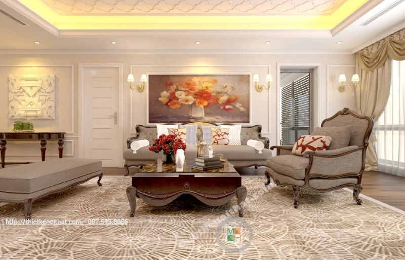 Bộ sofa phòng khách được tạo nên từ gỗ tự nhiên cao cấp với vân gỗ bắt mắt cùng màu nâu sậm đen rất đặc trưng. Sofa tân cổ điển