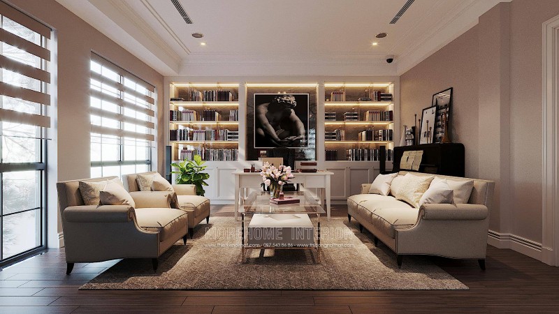 Mẫu sofa tân cổ điển bọc vải nhập khẩu cao cấp, nhẹ nhàng mà tinh tế cho phòng làm việc tại nhà của biệt thự ciputra tây hồ hà nội Sofa tân cổ điển