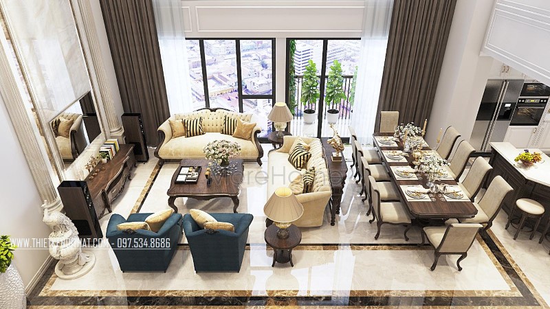 Cận cảnh mẫu thiết kế nội thất phòng khách căn hộ Duplex Thanh Xuân Hà Nội bằng đồ gỗ óc chó cao cấp Sofa tân cổ điển