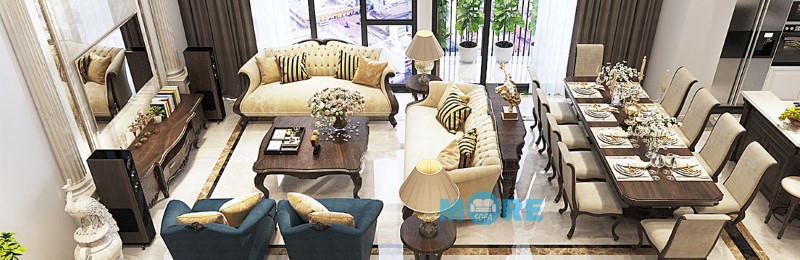 Hoàn thiện, bàn giao bộ sofa Tân cổ điển MS-007 gỗ tự nhiên Óc chó, bọc nỉ cao cấp nhập khẩu tại chung cư Vinhomes Gardenia sang trọng Sofa tân cổ điển