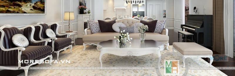 Sofa tân cổ điển MS-027 gỗ tự nhiên Tần bì sơn trắng, bọc nỉ nhập khẩu cao cấp cho phòng khách đơn giản Xưởng sản xuất sofa đẹp tại hà nội