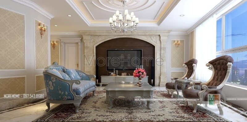 Thiết kế nội thất phòng khách chung cư phong cách tân cổ điển với tone màu sáng mang lại cho chúng ta cảm giác cơi nới về không gian và tạo độ thoáng cho căn phòng Thiết kế nội thất phòng khách