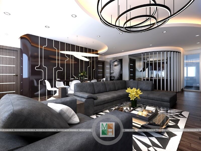 Mẫu thiết kế phòng khách chung cư đẹp, các kiến trúc sư Morehome sử dụng các hình khối đơn giản và cụ thể mang đến sự rõ ràng và thuận tiện cho gia chủ Thiết kế nội thất phòng khách