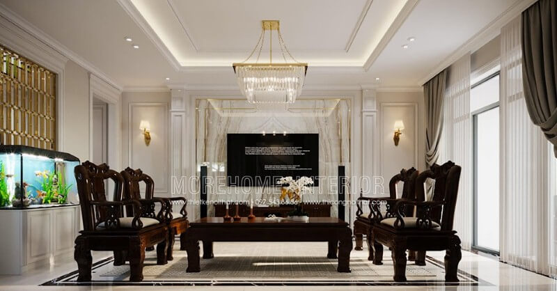 Đá tự nhiên ốp tường tạo điểm nhấn sang trọng độc đáo cho phòng khách cao cấp. Thiết kế nội thất phòng khách