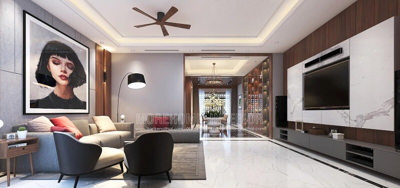 Trang trí nội thất phòng khách ấn tượng với thiết kế mở, hiện đại tạo nên không gian thông thoáng, đẹp mắt. Thiết kế nội thất phòng khách