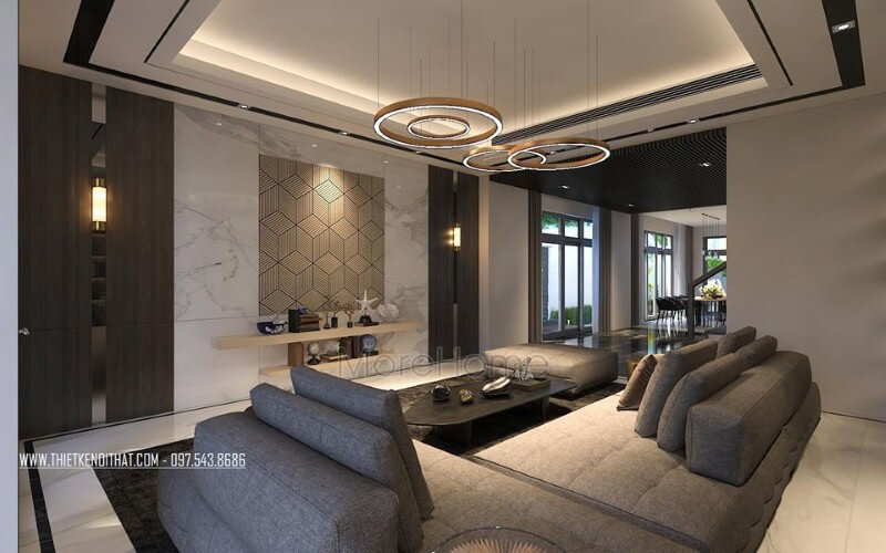 Đá kết hợp cùng gỗ ốp tường là một trong những xu hướng ấn tượng trong trang trí phòng khách hiện đại, cao cấp. Thiết kế nội thất phòng khách