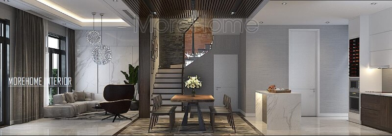 Phối cảnh thiết kế hiện đại đẹp cho biệt thự nhà phố với ý tưởng thiết kế phòng khách liền bếp ăn. Thiết kế nội thất phòng khách